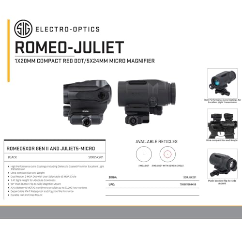 Sig Sauer ROMEO5XDR 1x20 mm 2 MOA Red Dot Sight & Juliet5-Micro 5X Magnifier Combo - Compact Rugged Durable Waterproof Gun Optics