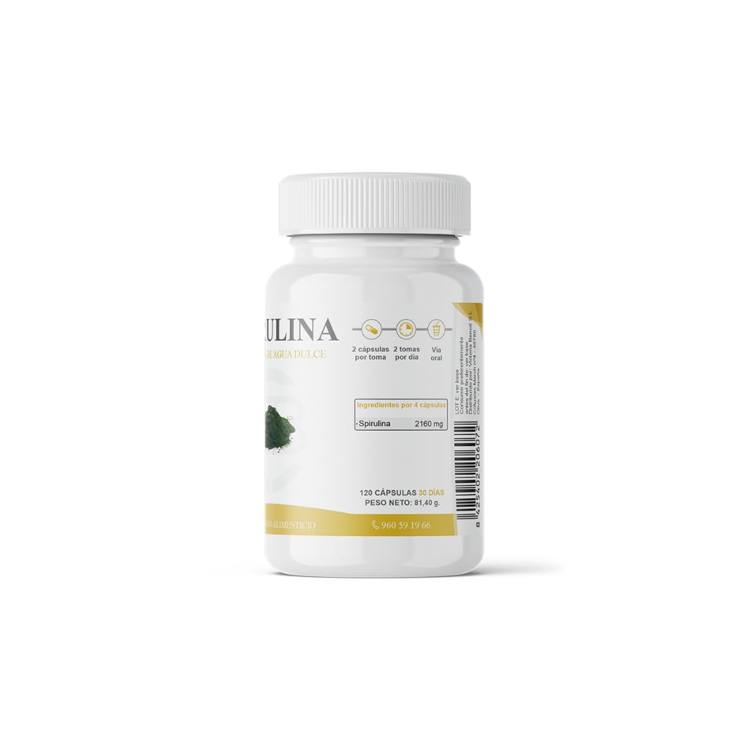 Espirulina - Spirulina Platensis - Microalga de Agua Dulce - 2160 mg por Dosis Diaria - Fuente de Nutrientes - Energía Natural - 120 Cápsulas Vegetales
