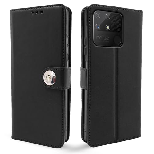 Image of Pikkme Realme Narzo 50A Flip Cover Leather Finish | Inside TPU with Card Pockets | Wallet Stand and Shock Proof | Complete Protection Button Flip Case (Black)