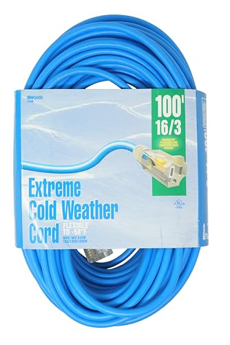 Woods 2436 16/3 100-Foot Outdoor Cold-Flexible SJTW Extension Cord, Blue with Lighted End