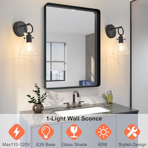 Image of Wall Sconce for Bathroom Modern Vanity Light Fixtures Hardwired Wall Mount Lighting Lamp Farmhouse Wall Lights with 6 inch Clear Glass Shade for Bedroom Living Room Mirror Kitchen (Black, 1 Pack)