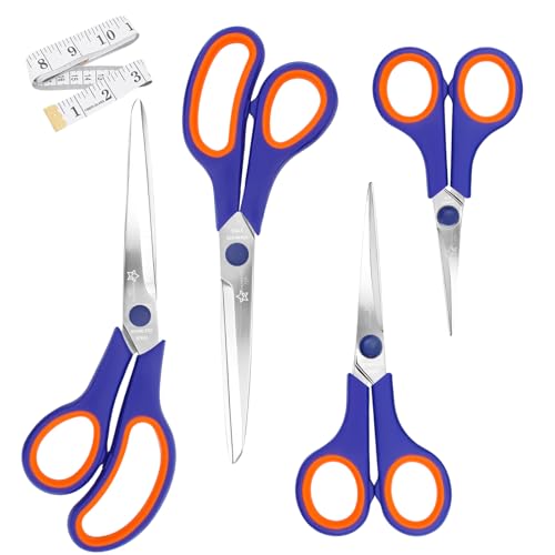 Magnificent Scissors - 4 Pack Scissors Set Stainless Steel Sewing Shears with Soft Comfort-Grip Handles All-Purpose Scissors for Fabric Leather Craft Office School Kitchen Includes Measuring Tape