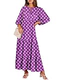 ANRABESS Womens Boho Maxi Dresses 2025 Summer V Neck Puff Sleeve Floral Flowy Swing Casual Long Dress Purple Small