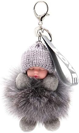 surell Genuine Fox Fur Baby Keychain - Pom-Pom Bag Purse Charm - Gold Ring Fluffy Fur Ball - Fashion Gift (Grey)