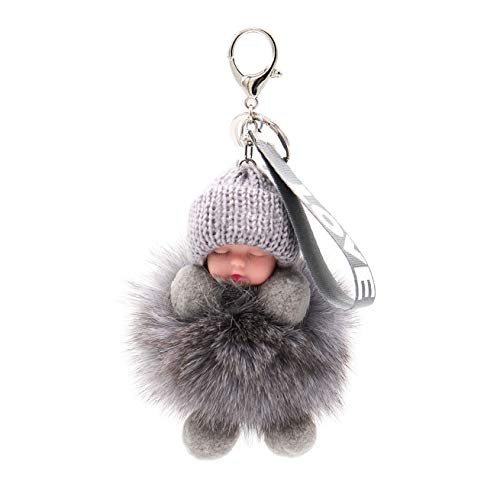 Surell Genuine Fox Fur Baby Keychain - Pom-Pom Bag Purse Charm - Gold Ring Fluffy Fur Ball - Fashion Gift (Grey) #TOP1