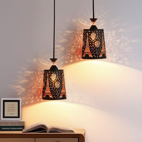 Image of Groeien Pack of 2 | Black Finish Metal Crystal Hanging Pendant Ceiling Lamp Fixture | Chandelier for Home, Indoor, Outdoor,Living Room, Bedroom(Bulb not Included) (Eiffel Tower, 2)