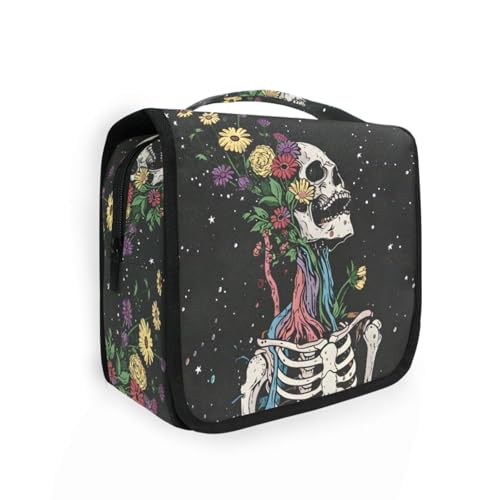 Mnsruu Hanging Toiletry Bag Gothic Skull Skeleton Holding Flowers Travel Makeup bag for Toiletries Portable Travel Toiletry Organizer Cosmetic Bags with Hanging Hook