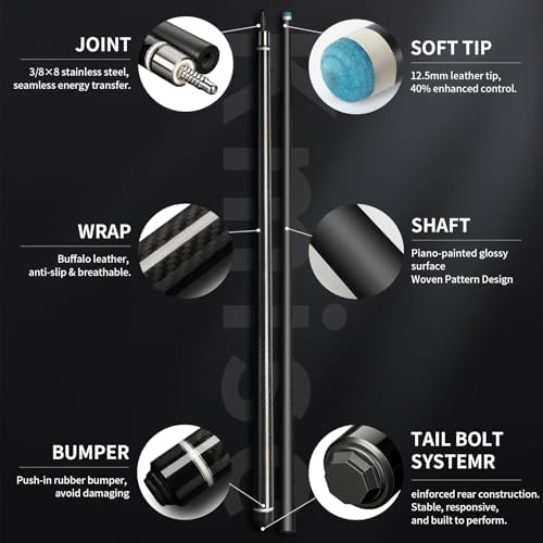 Kmise Carbon Fiber Pool Cue Stick 58", Billiard Cue Sticks 23oz, Low Deflection Pool Cue with 12.5mm Tip, Professional Billiard Carbon Fiber Pool Sticks for Adults, 23oz