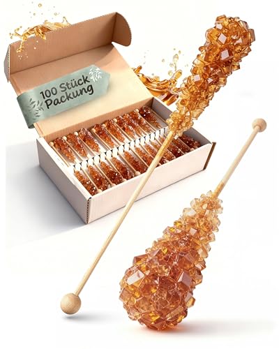 Premium Kandissticks 100 Stück | Teezucker am Stiel - Kandiszucker Stäbchen mit Holzstab Kandissticks Braun in praktischer Großpackung