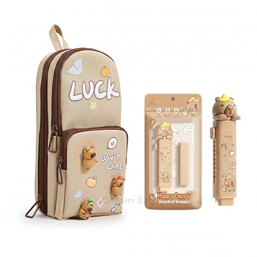 Image of Kawaii Cute Pencil Pouch with Push Pull Eraser & Refill | Canvas Zipper Pen Case for Kids | Capibara Cartoon | Safe Non-Sharp Edges | School Stationery Gift (Ages 5+)
