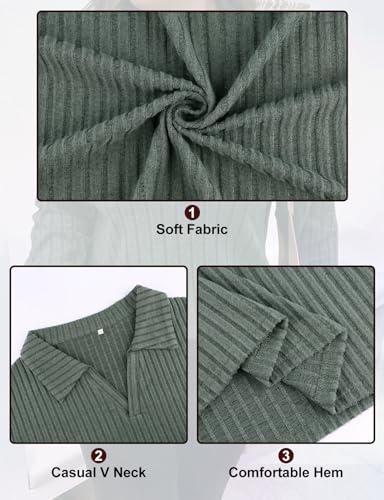 Image of Koscacy Women Plus Size Casual Knit Sweater Lapel V Neck Solid Color Tops Lightweight Long Sleeve Blouses