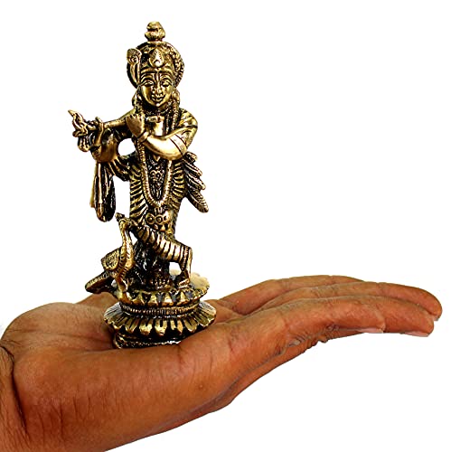 Image of ESPLANADE - Brass Kishan Krishna with Peacock Murti Idol Statue Sculpture - 5 inch inches for Pooja Mandir or Home Decor