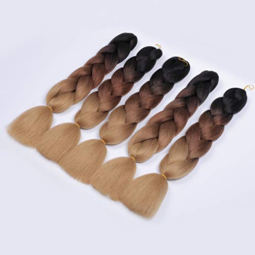Foto von ShowJarlly Jumbo Braid Kunsthaar Haar, Ombre Braid Extension, 24 Zoll Kanekalon Flechten Extensions 5 Stücke Für Crochet Twist Flechten Box Braid Zum Einflechten Zöpfe Schwarz/Dunkelbraun/Hellbraun#