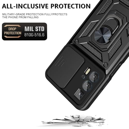 Image of Heavy Duty Back Case Cover for Moto Edge 20 Pro 5G, Shockproof Moto Edge 20 Pro Back Cover, Ring Case with Kickstand and Camera Protection Shutter - Black