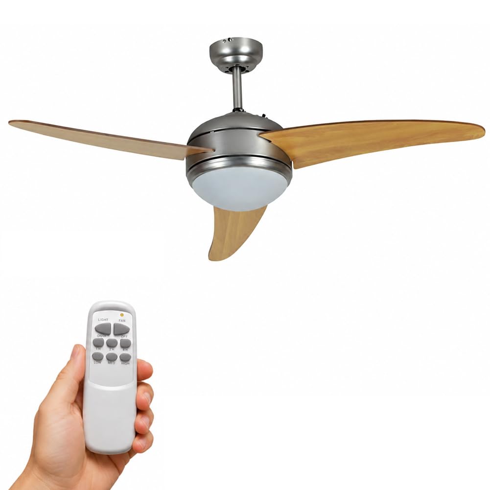 BAKAJI Ventilatore Lampadario da Soffitto 3 Pale in Legno con Lampada in Vetro Satinato 3 Velocità e Telecomando per Comando a Distanza Diametro 130cm Colore Silver e Legno Naturale