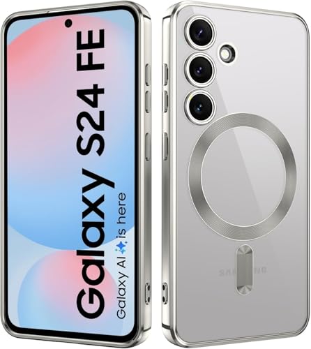 Image of VONZEE Clear Logo Electroplating Transparent Case for Samsung Galaxy S24 FE 5G, Magnetic Plating [Support for MagSafe Charger] TPU Cover, Individual Camera Protection for Each Lens- Grey