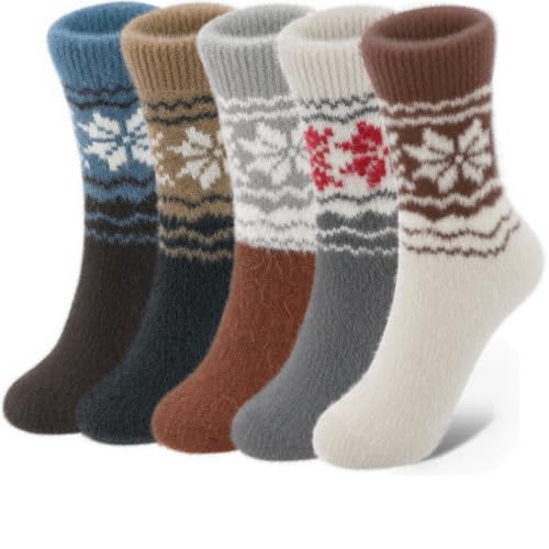 Image of ICEIVY 5 Pair Comfy Fuzzy Warm Winter Cozy Socks Birthday Gifts for Women | Plush Soft Socks Cloud Wool Thick Fluffy Vintage Style Premium Gift-Boxed Socks for Wife Mom Sister Grandma or Girlfriend
