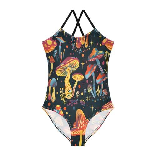 Psychedelic Cartoon Mushrooms Girls One Piece Swimsuit with Adjustable Shoulder Strap, Beach Swimsuit, 3-10