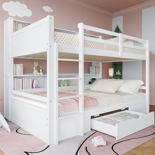 Fppuueg Literas de 90x200 cm para 2 Niños, Litera Infantil con Cajón y Estantería de Almacenamiento, Cama Litera Matrimonio con Escalera y Barandilla, Camas Matrimoniales, Blanco, Sin Colchón