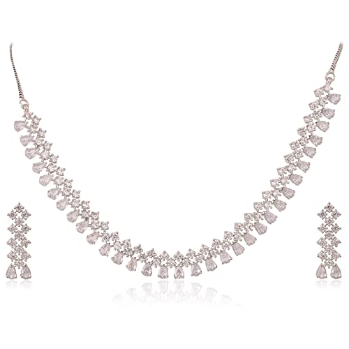 Ratnavali Jewels American Diamond Rose Gold Plated Traditional Fashion Jewellery Necklace Set with Earring for Women/Girls RV4134
