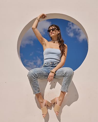 Image of Ancomafio Heeled Sandals for Women，Raffia Sandals 2026 Chunky Heels Square Toe Mules Block Summer Shoes Slip On