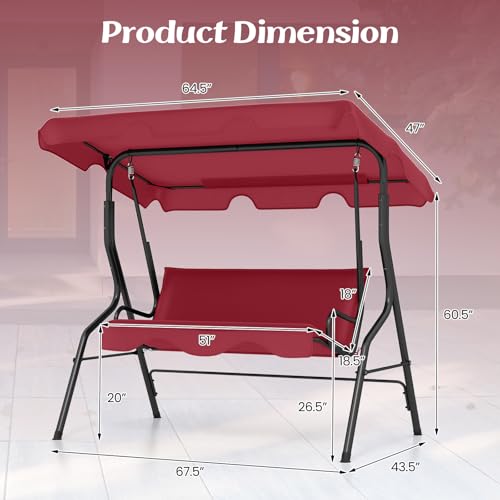 Image of Tangkula 3 Person Porch Swing, Patio Swing with Removable Cushion & Powder-Coated Steel Frame, Outdoor Swing with Canopy for Porch, Backyard, Garden, Balcony (Wine)