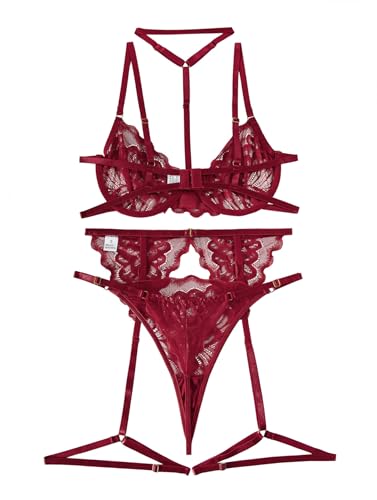 Image of Lilosy Sexy Choker Floral Lace Scallop Sheer Underwire Push Up Garter Belt Lingerie Set 3 Piece