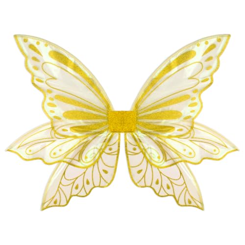 ALIBBON Large Fairy Wings for Adult Women 35x25 Gold Butterfly Angel Wings Transparent Organza Renaissance Fairy Costume Cosplay Accessories for Halloween Dress Up Party Costume