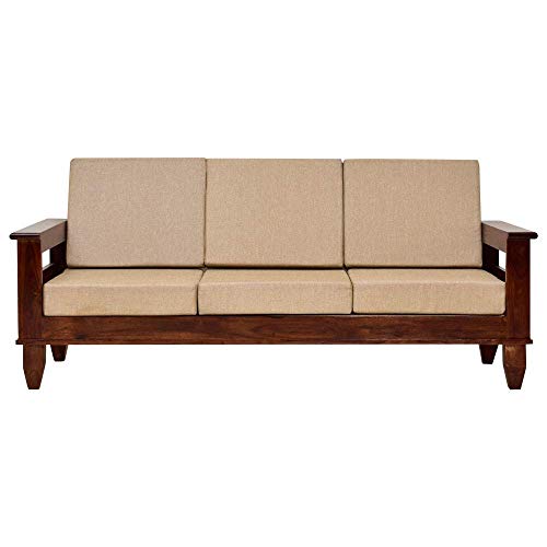Image of Solid Sheesham Wood 5 Seater Sofa Set for Living Room Without Centre Table | Wooden 3+1+1 Five Seater Sofa Set with Cushions | Modern Sofa Set Furniture for Home, Office & Lounge | Brown Finish
