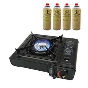 Portable Gas Stove with Carry Case-For Outdoor Camping, Fishing and BBQ-Automatic Ignition System, Heat Control, Enamel Pan Support, Butane Can or LPG Gas Source-Black (Stove + 4 Butane Gas)