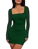 BORIFLORS Women's Sexy Ruched Bodycon Mini Dress Mesh Long Sleeve Club Party Short Dresses, Small, Dark Green