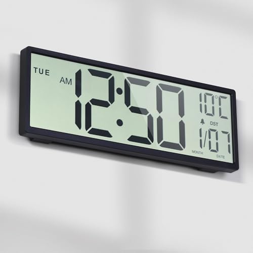 Mee 2ou Digital Wall Clock Battery Operated, 15 Digital Clock Large Display With Date And Day Of Week, Large Number With Temperature, Auto DST, Alarm, Snooze, 12/24-hour For Desk Office
