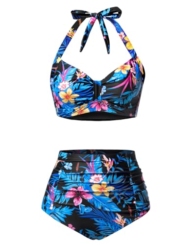 Image of Holipick Women High Waisted Bikini Set Two Piece Swimsuit Tummy Control Bathing Suit Vintage Halter Swimwear