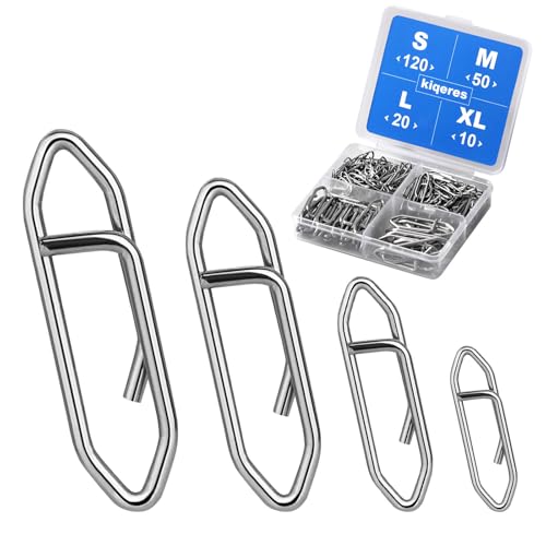 Kiqeres 200 Pcs Fishing Power Speed Clips (S:120 M:50 L:20 XL:10) High Strength Stainless Steel Speed Clip for Fishing Lure Quick Change Freshwater Saltwater Lure Connector Tackle