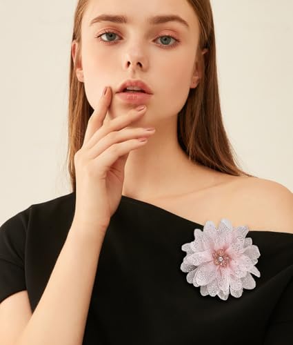 Image of Rhinestones Flower Fabric Big Brooches Lapel Pins for Women Elegant Organza Floral Brooch Pin for Dresses Suit Wedding Banquet Clothes Accessories Fashion Jewelry 130mm