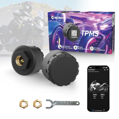 ​​Moman Motorrad TPMS 2 Sensoren Reifendruck-Kontrollsystem mit App, Reifendruck & Temperatur Monitor mit Alarmfunktion, Nur iOS & Android Kompatibel​​