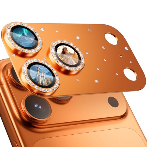 Image of HelloDeere for iPhone 17 Pro Camera Lens Protector [Not Easy to Break] [Ultra Bright] Round Gold Diamond Bling Tempered Glass Metal Frame Camera Cover for iPhone 17 Pro Lens Case Friendly (Orange,1 Pack)