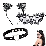UN UNITEDTIME Black Cat Costume for Women, Black Cat Costume Accessories Cat Woman Sexy Costume for Women Halloween Masquerade Mask Adult, Lace Ears & Heart Choker Necklace