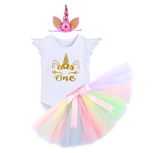 IWEMEK Bebé Niñas Primer Cumpleaños Princesa Unicornio Trajes de Fiesta 3pcs Conjunto de Mameluco + Falda de Tutú Colorida + Corona/Unicornio Diadema Carnaval Ceremonia Disfraz Sesión de Fotos