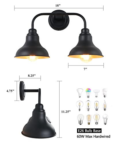 Image of 18-Inch 2-Light Farmhouse Bathroom Vanity Light Over Mirror, Black | Rustic industrial style, metal construction, 2 E26 sockets, 60W max each, dimmable, 7.08 in. shades, bathroom mirror, bedroom
