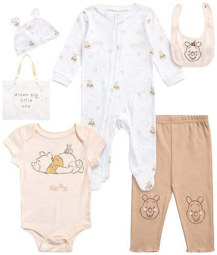 Image of Disney Newborn Baby Girl Boy Clothes - 7 Piece Mickey Mouse Winnie the Pooh Bib Onesie Overall Beanie Pants Gift Bag Gift Set