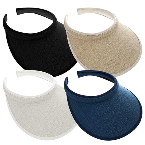 4Pcs Slip On Sun Visor Hats for Women UV Protection Clip On Wide Brim Golf Visors for Summer Sports Travel Outdoor Activity (Black+White+Navy Blue+Beige)