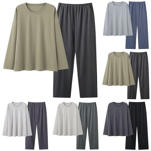 Cambkatl Men's Cotton Loose Crewneck Long Sleeve T-Shirt and Full-Length Bottom Long Pants Comfy Pajama Sets2