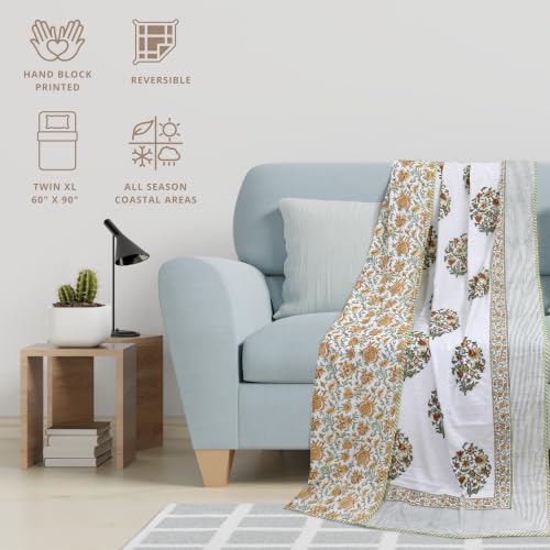 Image of TOAIArt Premium Jaipuri Dohar | AC Blanket Summer Quilt | Hand Block Printed | 3 Layers | Reversible | 150GSM 100% Mulmul Cotton | 100% Cotton Flannel Filling | Single 60 inch X 90 inch|Earthy Mugal Motif