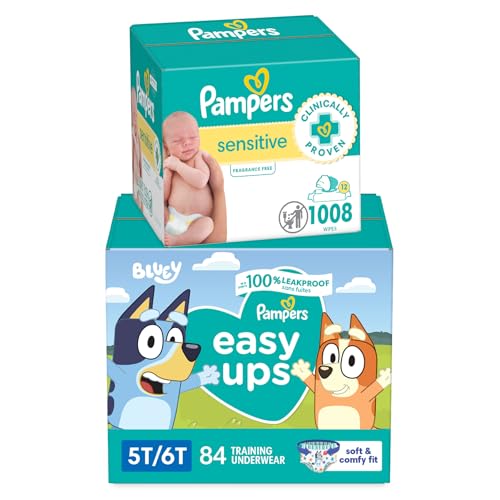 Image of Pampers Easy Ups Bluey Pull On Training Pants Boys and Girls, 5T-6T, 844 Count with Sensitive Water Based Baby Wipes 12 Flip-Top Packs (1008 Wipes Total)