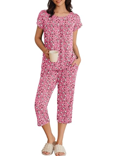 Image of Ekouaer Womens Pajama Set Short Sleeve Sleepwear Pleated Floral Pjs Set Capri Pants Lounge Sets with Pockets S-XXL