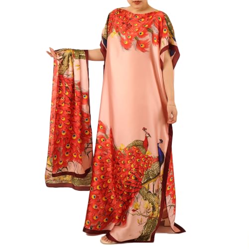 Women Kaftan & Scarf, Plus Size Caftan Moo Moo Dress with Head Scarf (red) | Moo Moo with Scarf, Silky Fabric, Boat Neck, Ethnic Maxi Dress, Boho Peacock Leopard Print, Swimsuit Cover Up, Beach Vacation - image 1
