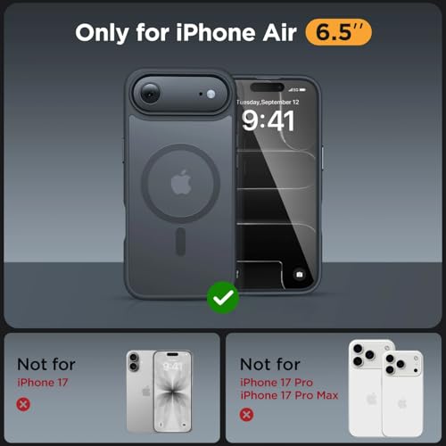 Image of Miracase Magnetic for iPhone Air Case with Screen Protector(Compatible with MagSafe), Slim Thin Translucent Matte Military-Grade Protected Phone Cover for iPhone 17 Air 6.5 inch, Space Black