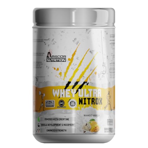 Image of Whey Ultra Nitrox by Arscor Nutrition | 24g Whey Protein + 2g Creatine Monohydrate | Lean Muscle, Strength & Recovery | No Sugar, Low Fat | Post Workout Protein Supplement (1 Kg, Mango Vanilla)