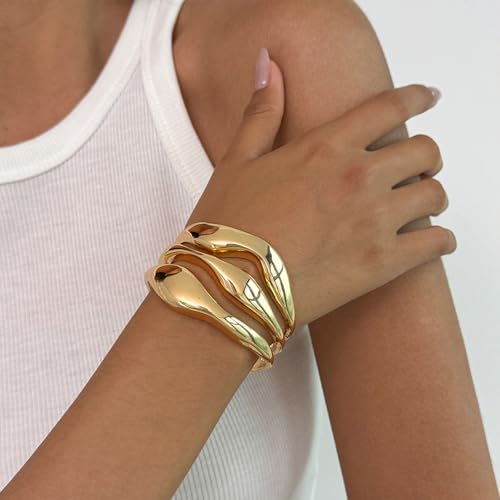Salircon Gold Bangle Bracelets for Women Gold Wide Chunky Cuff Bracelets Trendy Open Wide Chunky Bangle Irregular Minimalist Cuff Jewelry3